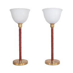 #1308 Pair of Table Lamps Wrapped in Leather with Glass Shades, Year Appr.1950