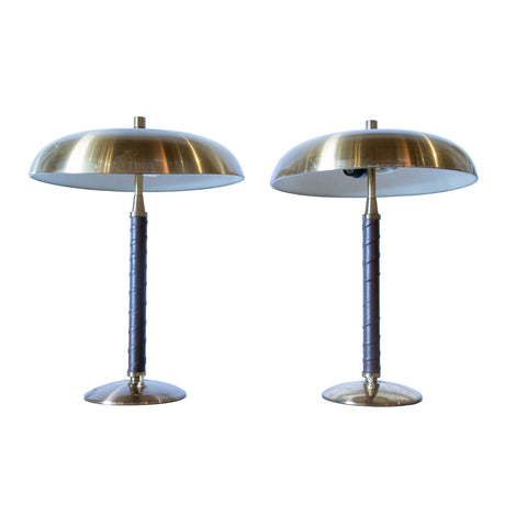 #396 Pair of Brass and Leather Table Lamps by Einar Beckstrom